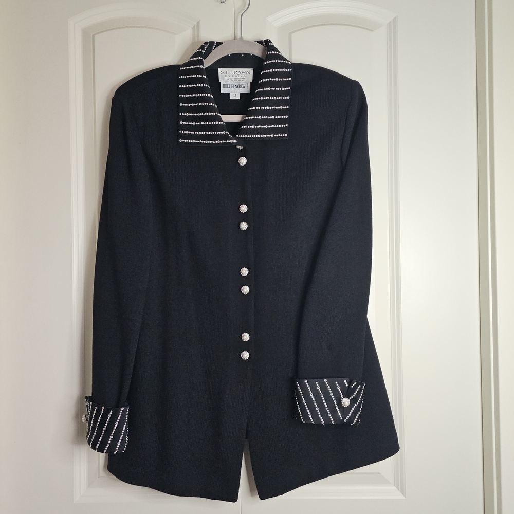 St. John Evening Knit Black Blazer Jacket Striped Rhinestones Pearl SZ 12 Wool